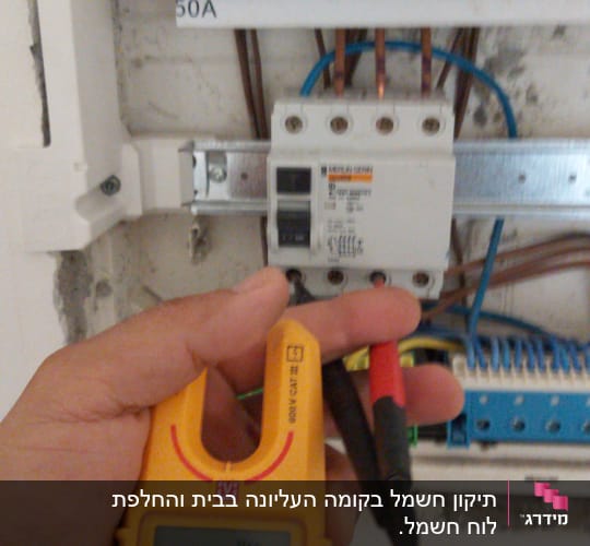 חשמלאי בודק לוח חשמל עם מד מתח